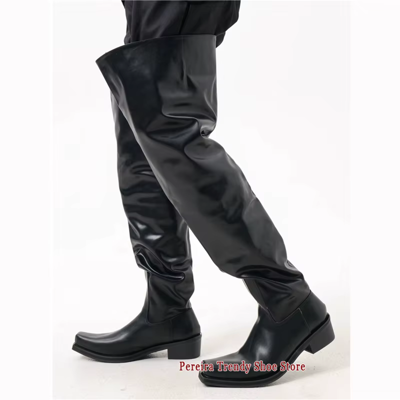 Bottes de chevalier à bout retourné pour hommes et femmes, Design de marque en cuir noir, bout carré