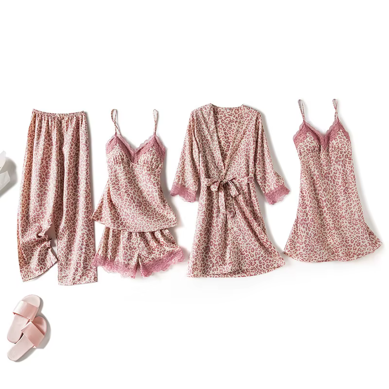 Ensemble de pyjamas en rayonne pour femmes, peignoir à imprimé léopard rose, chemise de nuit décontr