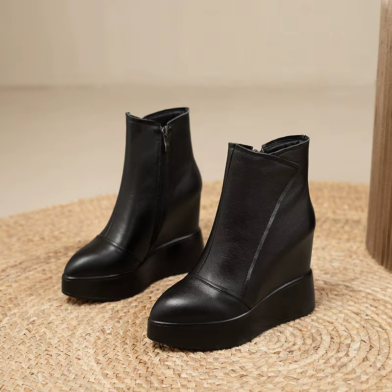 MKKBathroom-Bottes courtes en cuir pour femmes, bottes compensées pointues, bottes de rinçage décont