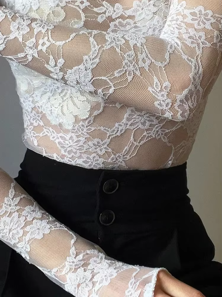 Chemisier Sexy en dentelle pour femmes, chemises d'été à col roulé, manches longues, transparent, Pa
