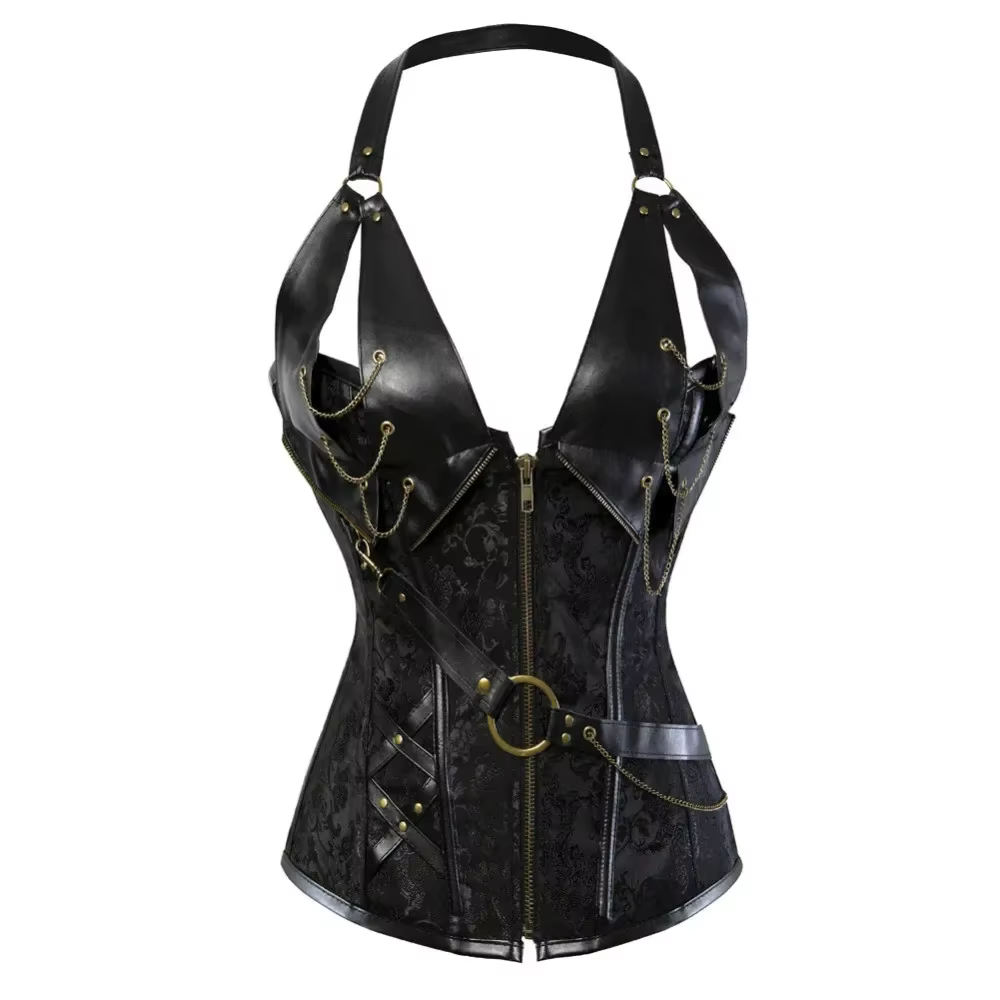 Robe Corset Pirate marron Steampunk en cuir, surbuste, haut avec jupe, grande taille, Costume Burles
