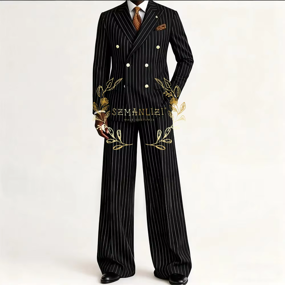 Costume rayé bleu marine pour hommes, Slim, smoking de marié de mariage, costumes pour hommes, Costu