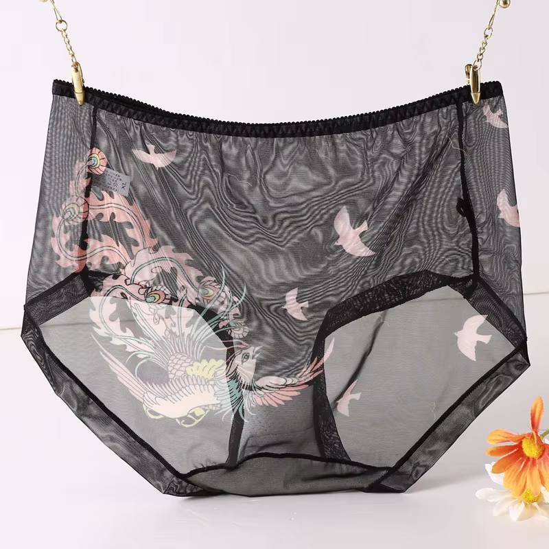 Culotte en maille transparente, slip, Bikini extensible doux avec imprimé oiseaux phénix, Allure exo