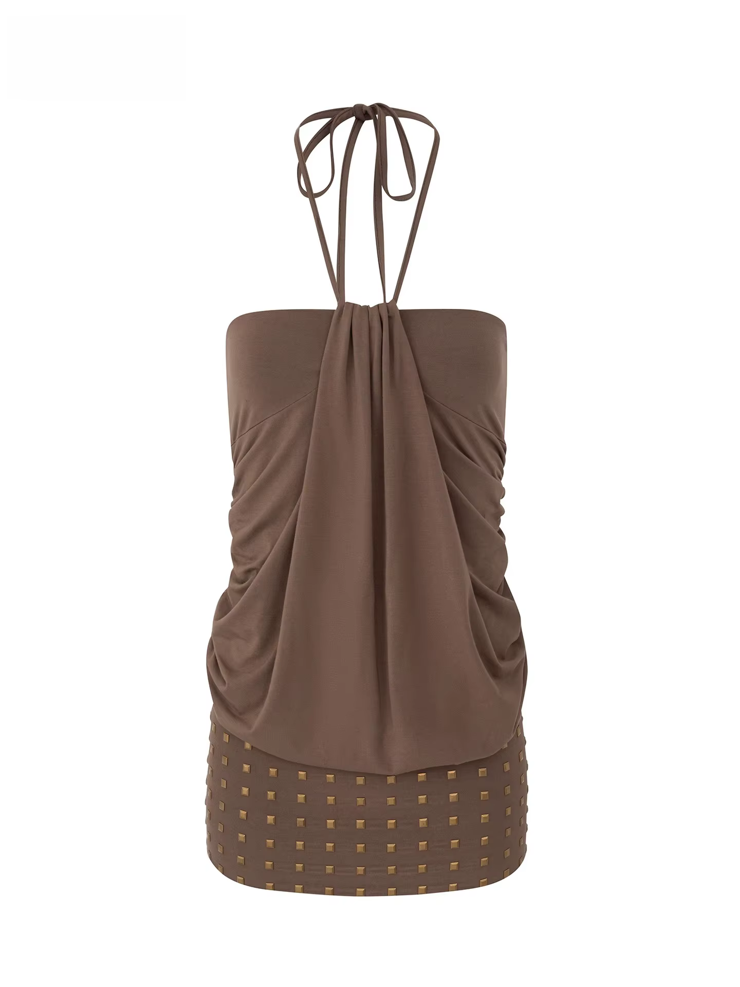 Robe Courte Moulante Rétro Années 90 à Rivets et Ceinture, Col Halter, Taille Haute, Sans Manches, e
